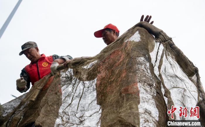遇到水面垃圾较多的时候,姜清泉和队员们会用自制的渔网来清理。 高博 摄